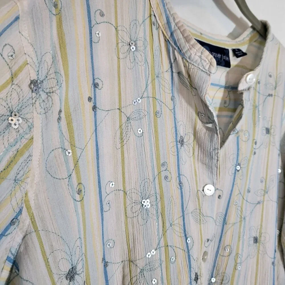 Susan Graver Style Women's Crinkled Cotton Front Button Top XL White/Yellow/Blue - Picture 3 of 10